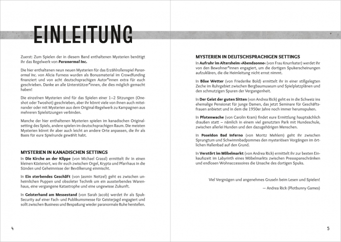 Doppelseite "Einleitung" aus "Paranormale Variationen - Neue Mysterien für Paranormal Inc.". Die einzelnen Mysterien werden kurz vorgestellt.