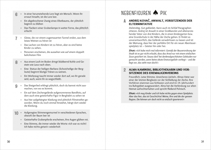 Doppelseite aus dem Mysterium "Böse Wetter" für "Paranormale Variationen - Neue Mysterien für Paranormal Inc." mit fünfzehn paranormalen Ereignissen und zwei Nebenfiguren.