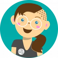 andrea Niedliche Vektorzeichnung einer femininen Person mit langen braunen Haaren im Zopf und Sidecut. Sie trägt eine Brille und ein schwarzes T-Shirt und guckt fröhlich.