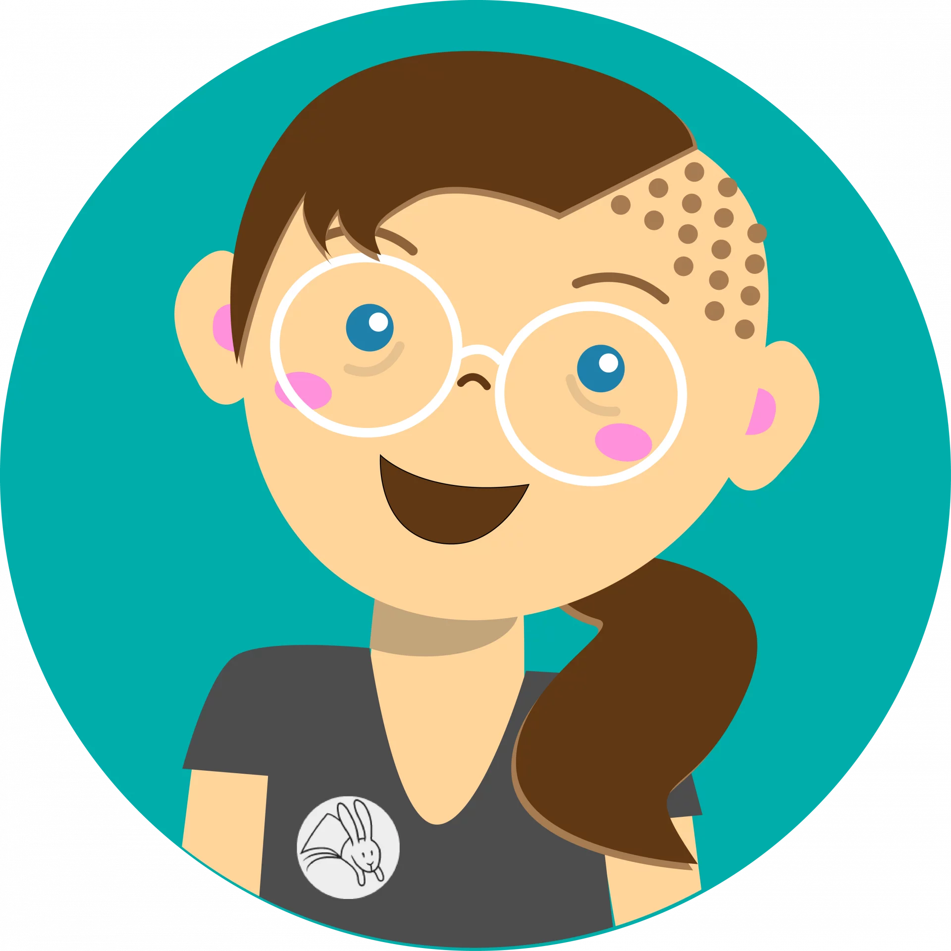 andrea Niedliche Vektorzeichnung einer femininen Person mit langen braunen Haaren im Zopf und Sidecut. Sie trägt eine Brille und ein schwarzes T-Shirt und guckt fröhlich.