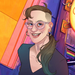 Porträtzeichnung von Andrea Rick, im Hintergrund ein Teil des Covers von Viva la QueerBar
