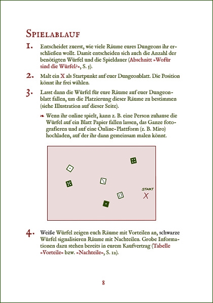 Erste Seite der Anleitung zum Spielablauf aus "Hasi, wir haben einen Dungeon gekauft". Die Illustration zeigt den Anfang der Dungeonkarte mit sechs fallengelassenen Würfeln.