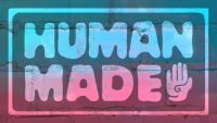 Human-Made Logo auf einer Wand, die in einem Farbverlauf von Petrol zu Magenta besprüht ist.